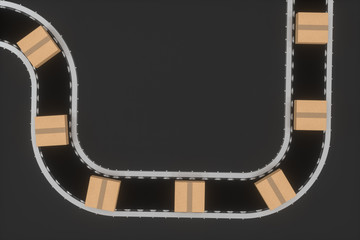 Boxes moving on the conveyor belt, 3d rendering.