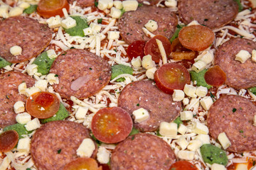 frozen pizza salame mozzarella pesto closeup