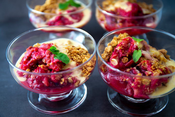 Fresh bright red plum crumble in the dessert bowl