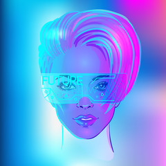 Futuristic synth wave style. Retroparty flyer template. Portrait of a young pretty androgynous woman with short shaved pixie undercut in retro futurism style. Vector illustration in neon bright color