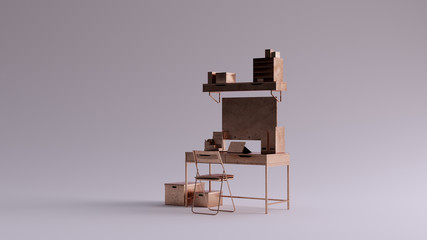 Bronze Simple Tiny Home Office with Storage Boxes 3d illustration 3d rendering