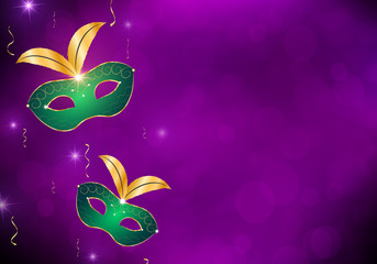 Festival mystic design in purple, yellow and green colors. Venetian mask with diamond and gold ornament, feather decoration. Purple background with bokeh, shiny stars. Copy space.