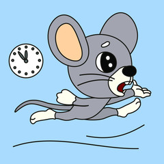 emoticon with cool mouse runs because it is late on a blue isolated background with a clock, color vector clip art