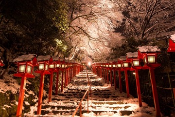  Kifune shrine with snow in winter night, Kyoto, Japan