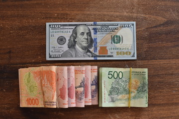 100 dollar bill with Argentine peso bills, symbolic for money exchange rate