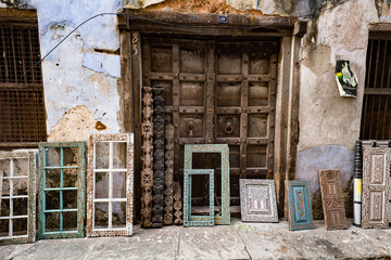 Stonetown - the capital of Zanzibar. Classic wooden doors and carvings in the Arabic-style of Zanzibar, Tanzania