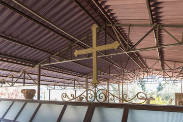 Large metal cross in the courtyard of the Greek Monastery - Shepherds Field in Bayt Sahour, a suburb of Bethlehem. in Palestine