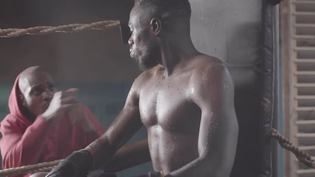Waist-up shot of sweaty muscular Afro-American boxer sitting in ring corner between match rounds, drinking water and listening to agitated male coach, who is pointing and giving instructions