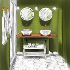 Hand drawn sketch of a cozy bathroom with green walls and octagonal tiles