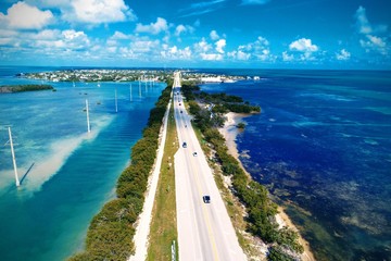 Aerial view of famous bridges and islands in the way to Key West, Florida Keys, United States. Great landscape. Vacation travel. Travel destination. Tropical scenery. Caribbean sea. - obrazy, fototapety, plakaty