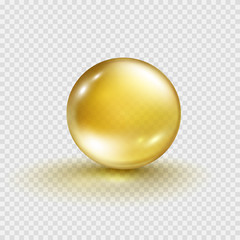 Gold bubble isolated on transparent background. Cosmetic vitamin capsule or oil pill. Golden glass ball template. Vector 3d serum collagen essence.