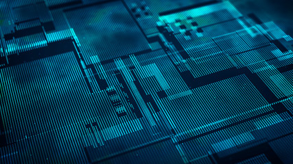 Cybernetic futuristic background. Big data visualization. Abstract perspective illustration. 3D rendering.