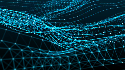 Network of dots connected by lines. DNA twisted structure. Abstract background. Big data visualization. 3D rendering.