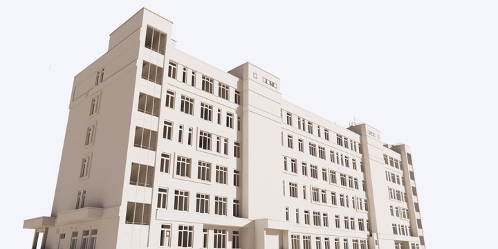 Image of a 3D model of a multi-storey building on a white background