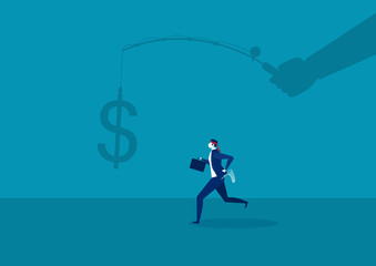 businessman running catch a dollar placed on a hook ,active income concept  illustration.