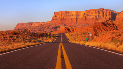 Sunrise over Mountains and a Street at Marble Canyon in Arizona