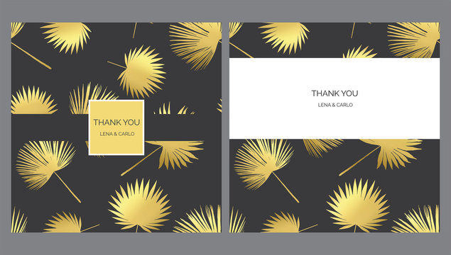 Flamingo and palm golden leaves thank you cards templates set