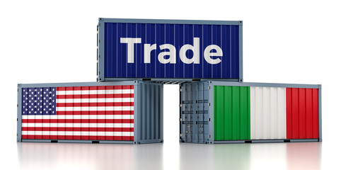 Freight container with USA and Italy flag. 3D Rendering