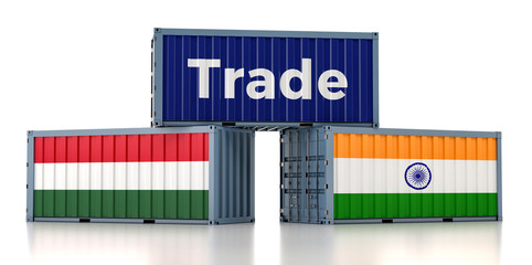 Freight container with Hungary and India flag. 3D Rendering
