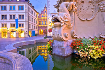 Wurzburg. Fountain evening view and beautiful architecture of old town Wurzburg
