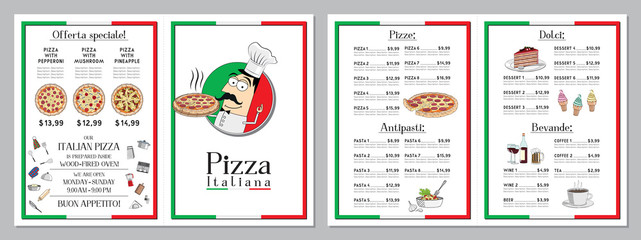 Italian pizza restaurant menu template - pizzas, pastas, dessert - obrazy, fototapety, plakaty