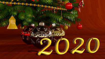 Christmas balls under Christmas tree. Year 2020.