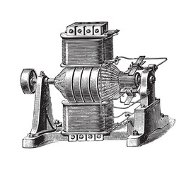 Electricity machine (dynamo electric) - Siemens 1873 / vintage illustration from Brockhaus Konversations-Lexikon 1908 - obrazy, fototapety, plakaty
