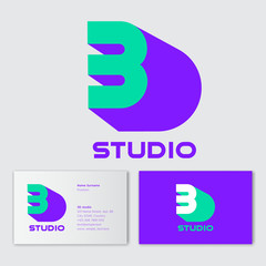 3D studio logo concept. Number 3 with shadow like letter D on a white  background. Network, web, UI icon. Modern technology. D is a shadow of number 3. Business card.