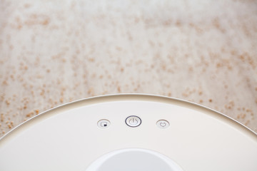 Smart House. Vacuum cleaner robot runs on wood floor in a living room