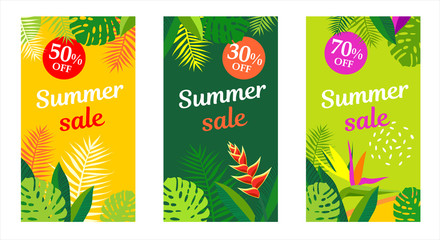 Fototapeta na wymiar Vector design sale templates set, backgrounds with copy space. Summer background for social media stories, banner, poster, greeting card and advertising. Summer vacation concept with tropical flowers.