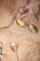Christmas decorations and snow top view, holiday