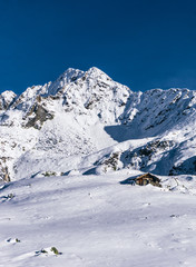 Fototapeta na wymiar The snowy mountains, the nature and the landscape of the Valtellina after the first snowfall of the season in the Alps, near the town of Tartano, Italy - November 2019.