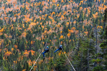 two people sliding down very long and fast zipline during autumn in Stowe, Vermont