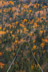 two people sliding down very long and fast zipline during autumn in Stowe, Vermont