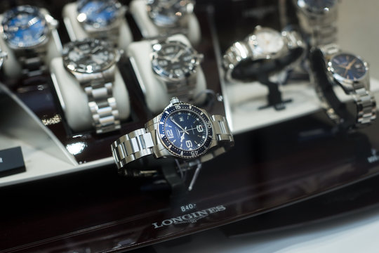 Mulhouse - France - 27 December 2019 - Closeup of swiss watches by Longines in a jewelry showroom