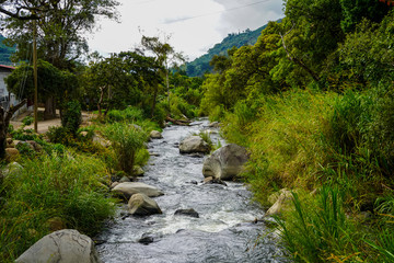 Beautiful river crossing the green fields in the mountain 