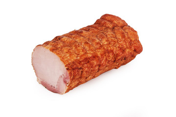 Smoked and steamed pork tenderloin. Traditional sausage products white white background.