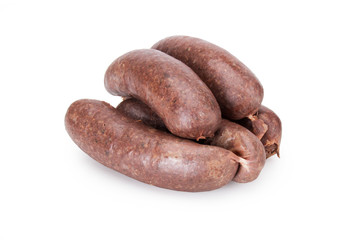 Black pudding with groats on a white background on a white background. Food product.