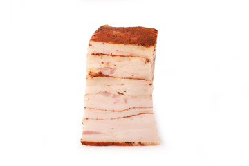 Pork bacon in spices on a white background. Food product.