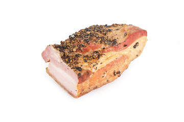 Smoked pork bacon in herbs on a white background. Food product.