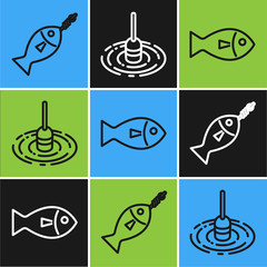 Set line Fish on hook, Fish and Fishing float in water icon. Vector © Oksana