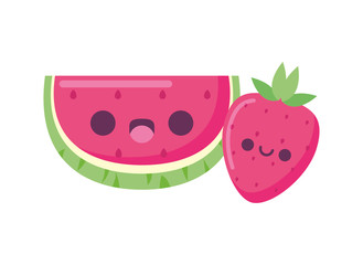 kawaii watermelon and strawberry fruit cartoon vector design