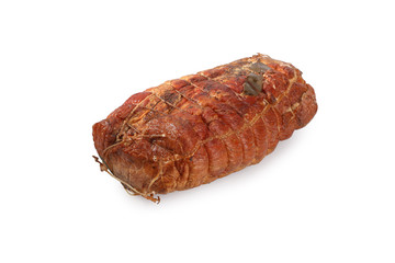 Smoked pork ham. Traditional sausage products white white background.