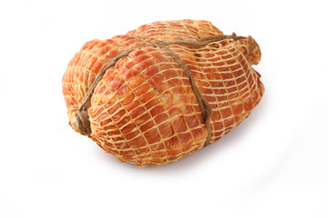 Country pork ham. Traditional sausage products white white background.