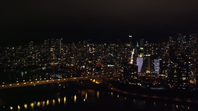 Aerial view of Vancouver downtown and Cambie bridge in the night
