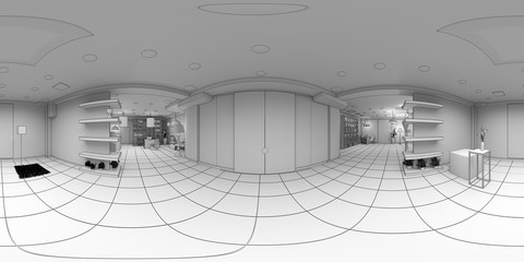 spherical panoramic render of the store, interior visualization, 3D illustration