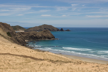 The sand dunes of Te Werahi Beach and Cape Maria Van Diemen, Cape Reinga in Northland, New Zealand.