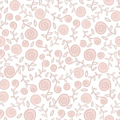 A seamless vector pattern with pastel doodle rose flowers on a white background. Girly desorative surfacec print design. Great for romantic cards, backgrounds and packaging.