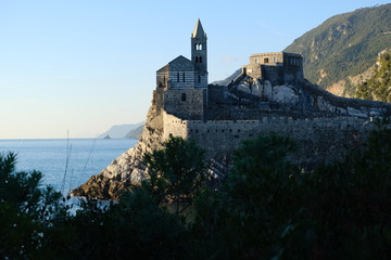 Church of San Pietro in Portovenere on the rocks overlooking the sea. Ancient medieval building near the Cinque Terre in Liguri. Italy..