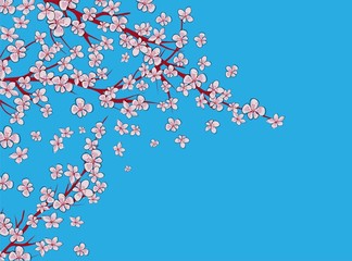Sakura on light background. Sakura vector flower. Vector floral print. Blooming cherry blossom petals. Japanese culture. Floral design. Blooming tree. Banner template.